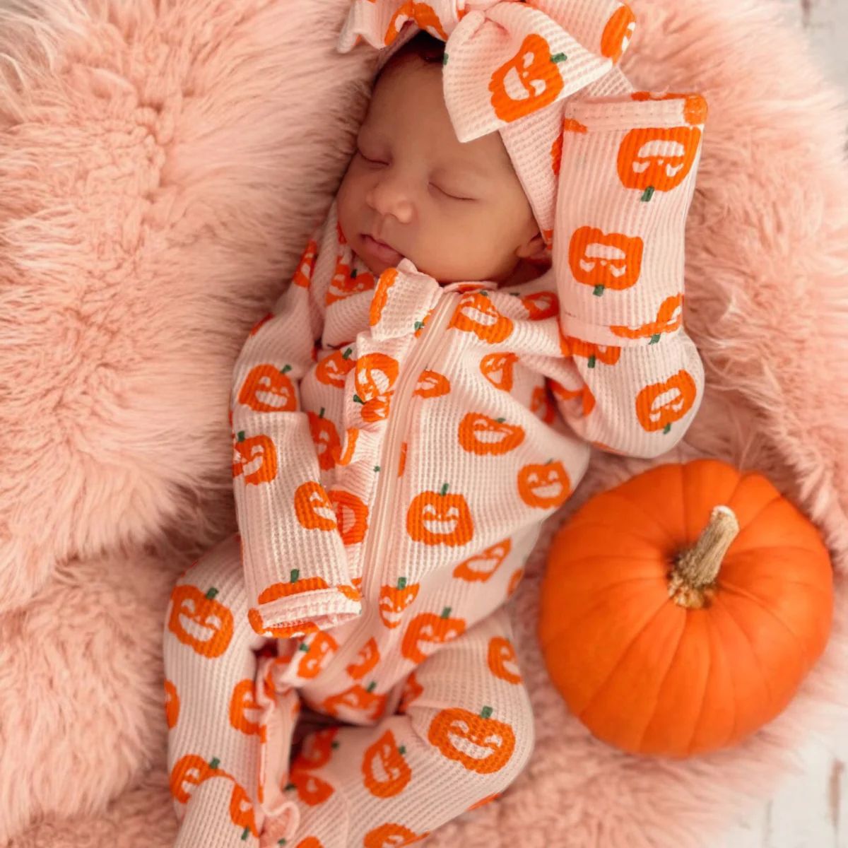 Organic Waffle Ruffle Zip Footie, Blush Jack-O-Lantern | SpearmintLOVE