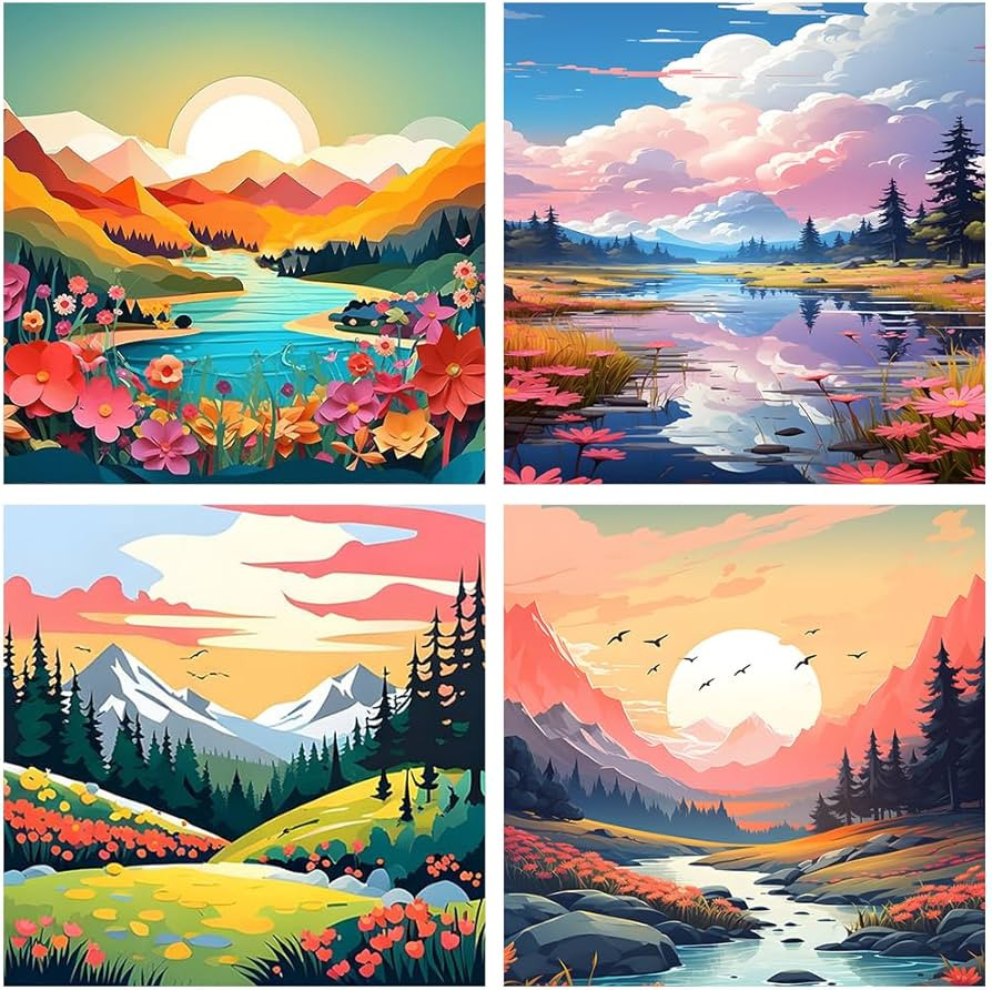 4 Pack Paint by Numbers for Adults, Landscape DIY Acrylic Painting Paint by Numbers Kits on Canva... | Amazon (US)