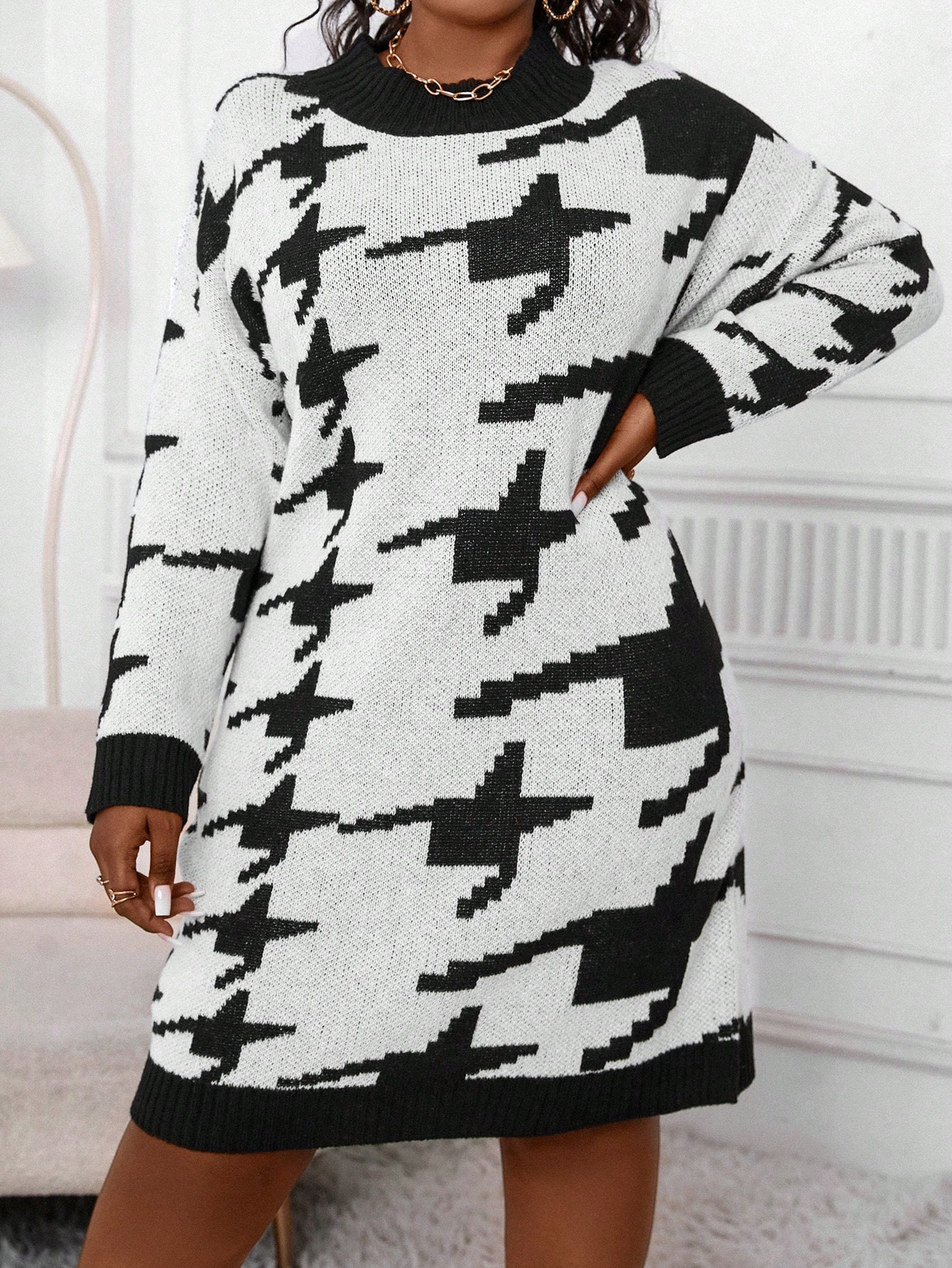 SHEIN SXY Plus Houndstooth Pattern Drop Shoulder Sweater Dress | SHEIN