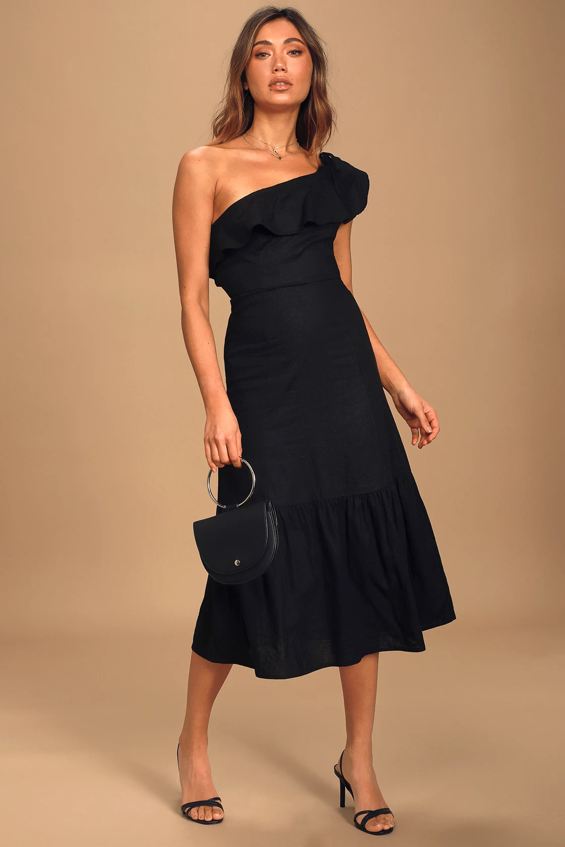 Sun-Kissed Memories Black One-Shoulder Ruffled Midi Dress | Lulus (US)