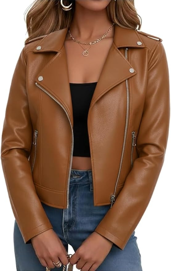 Women Leather Jacket Faux Cropped Coat Cute Short Zip Up for Casual Rock Concert Game Day Edgy Vi... | Amazon (US)