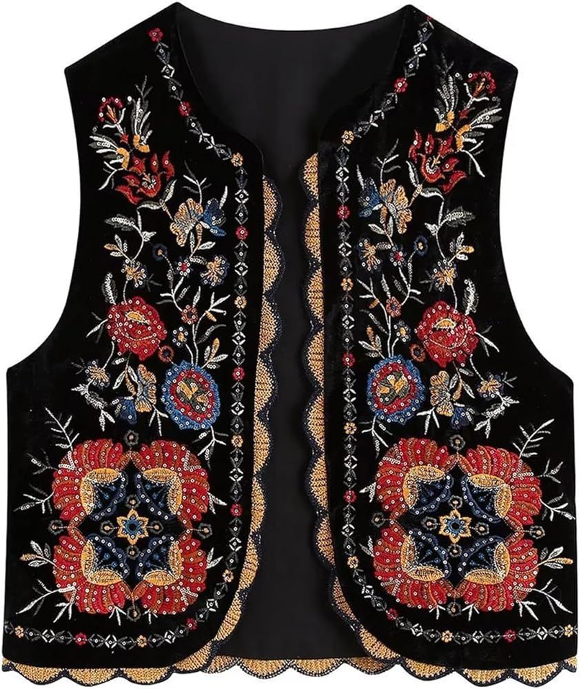 Embroidered Floral Vest for Women Y2K Sleeveless Open Front Crop Top Vintage Boho Crochet Vests C... | Amazon (US)
