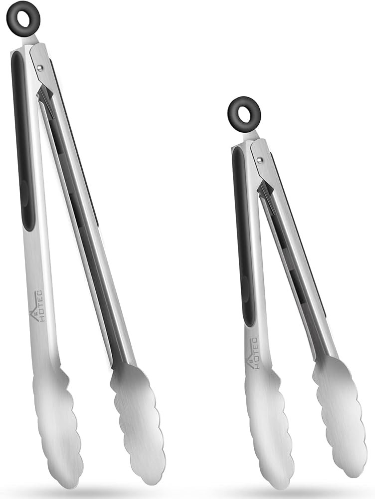 Hotec Stainless Steel Kitchen Tongs Set of 2 - 9" and 12", Locking Metal Food Tongs Non-Slip Grip | Amazon (US)