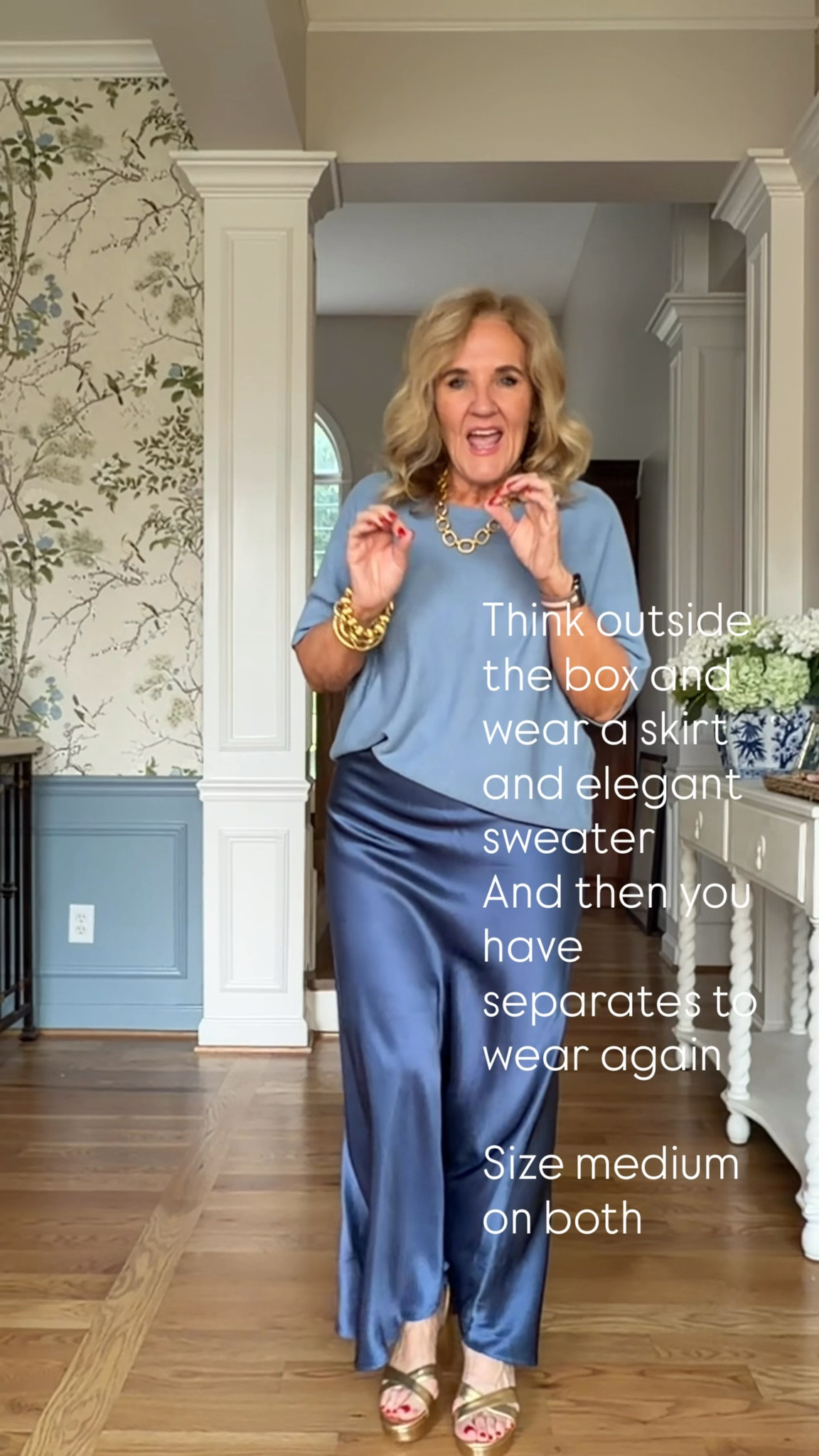 Think outside the box for your wedding guest dresses and special events this fall. I love this silk maxi skirt. I’m wearing a medium. I paired the cotton cashmere sweater and tucked it in the side to create a asymmetrical drape. I think it’s so elegant. The sweater is a medium also.
Don’t miss these gold sandal platforms!

#LTKOver40 #LTKWedding #LTKPetite