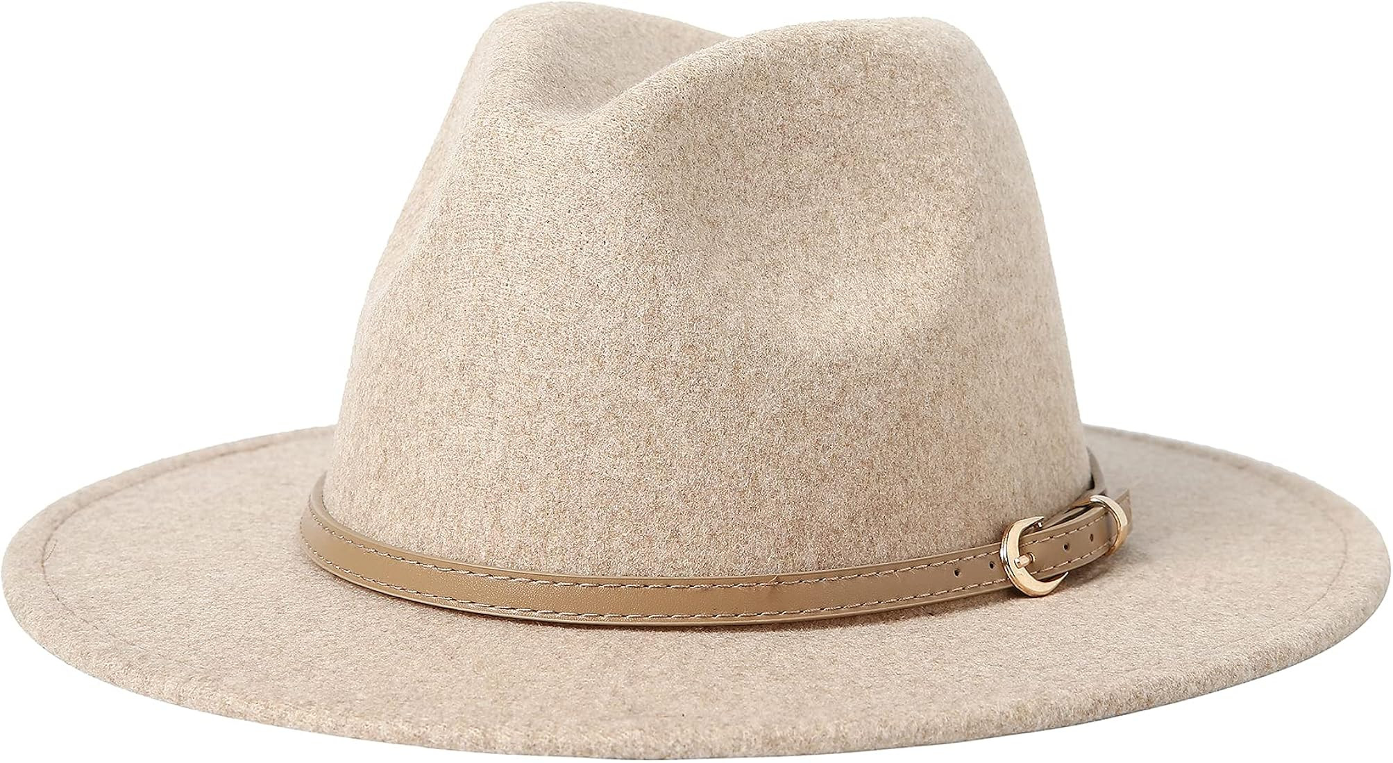Lanzom Women Lady Classic Wool Fedora Hat with Belt Buckle Felt Wide Brim Panama Hat | Amazon (US)