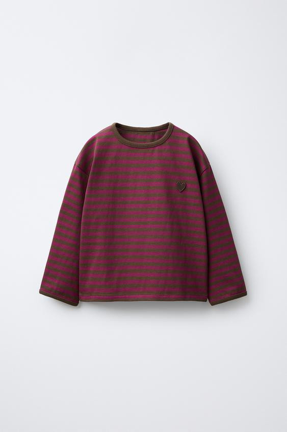 WOVEN STRIPED HEART EMBROIDERY T-SHIRT | Zara US