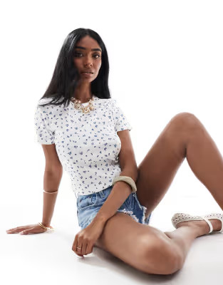 ONLY ribbed cropped top in white with blue floral | ASOS | ASOS (Global)