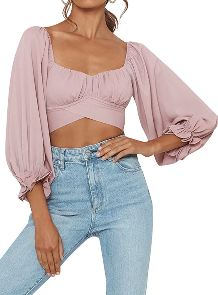 LYANER Women's Cute Off Shoulder Long Sleeve Self Tie Knot Crop Tube Top Blouse | Amazon (US)