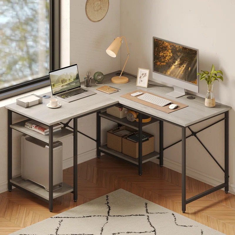 Haigh L Shaped Desk with Shelves 86.6 Inch, Reversible Corner Computer Desk or 2 Person Long Tabl... | Wayfair North America