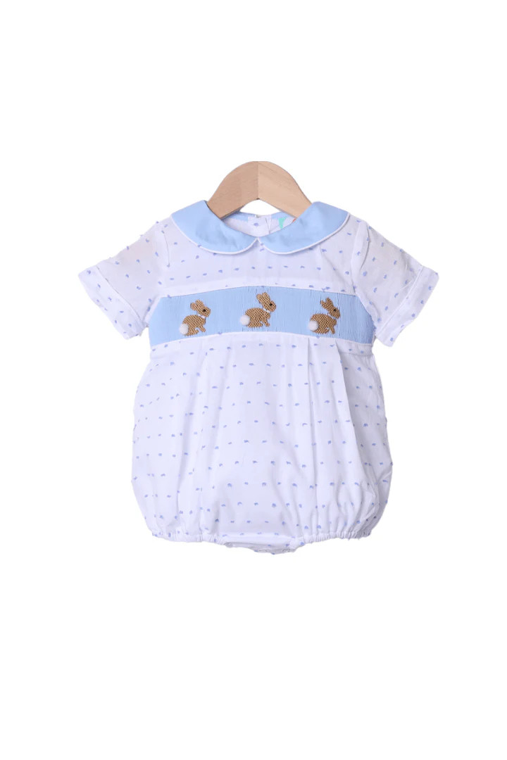 Smocked Bunny White and Blue Swiss Dot Bubble | The Smocked Flamingo