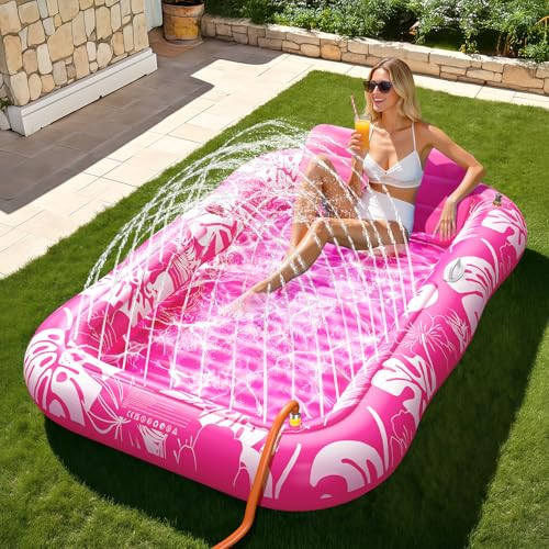 Inflatable Tanning Pool Lounger Float with Sprinkler, 85" x 50" Pool Floats Adult with Pillow, 6 in 1 Suntan Tub Raft Floatie with Drink Holder Sunbathing Water Lounge | Amazon (US)