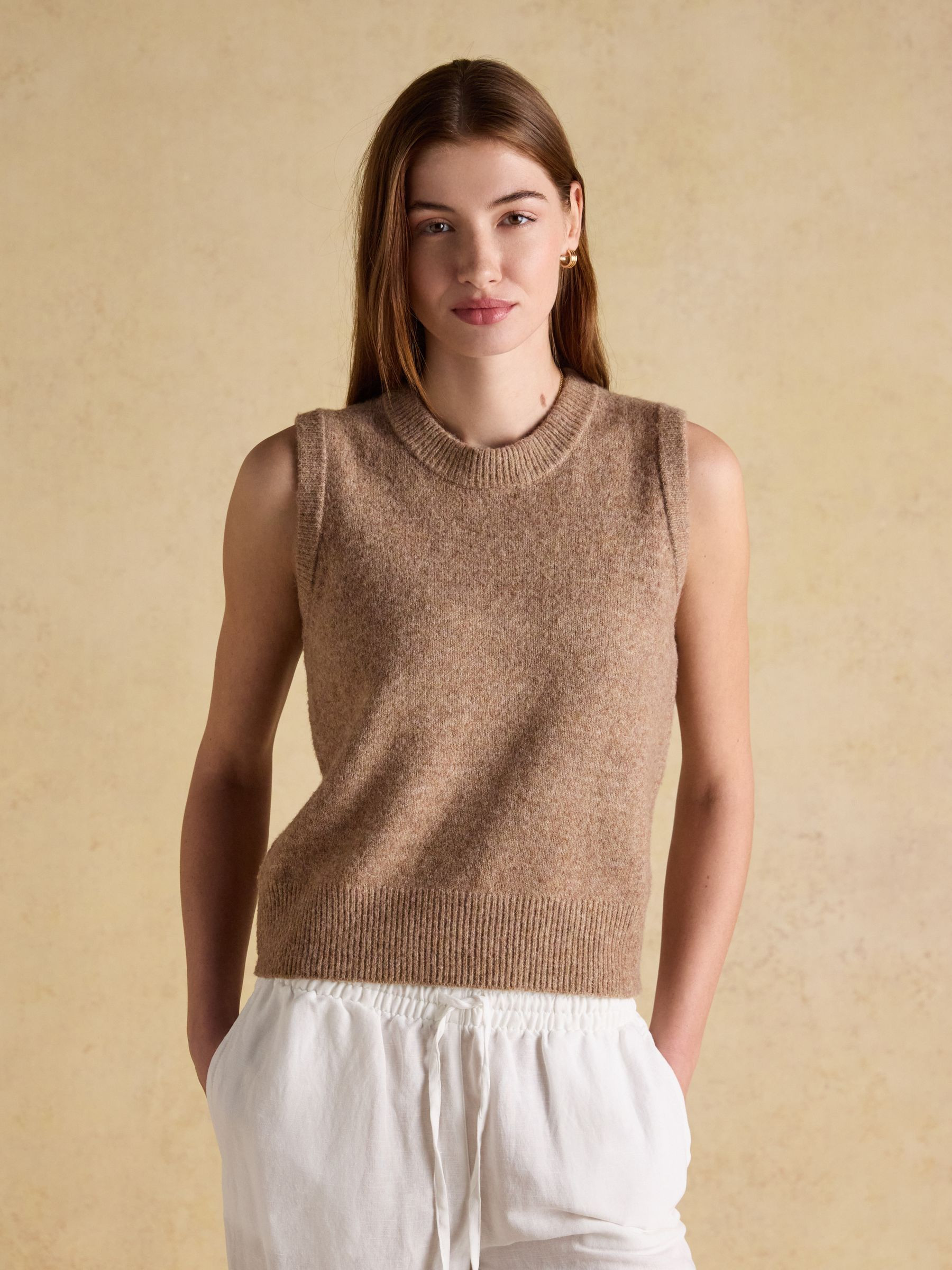 Holly Tan Knitted Crew Neck Vest | Joules | Joules