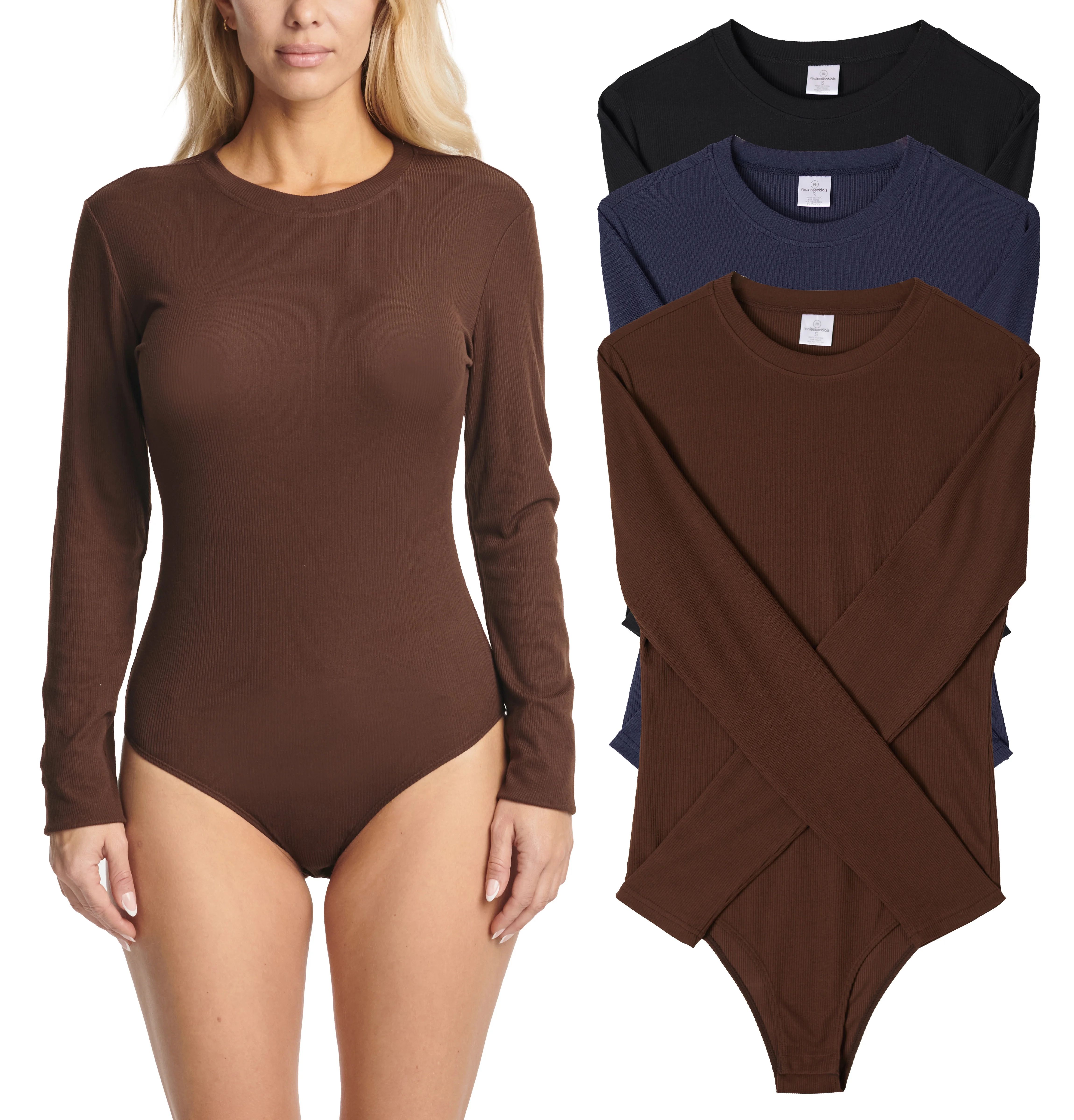 Real Essentials 3 Pack: Women's Round Neck Long Sleeve Ribbed Bodysuit Shirt Tops (Available in P... | Walmart (US)