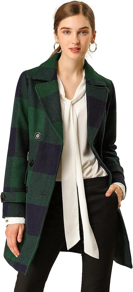 Allegra K Women's Buffalo Checks Double Breasted Notched Lapel Winter Long Plaids Trench Coat | Amazon (US)