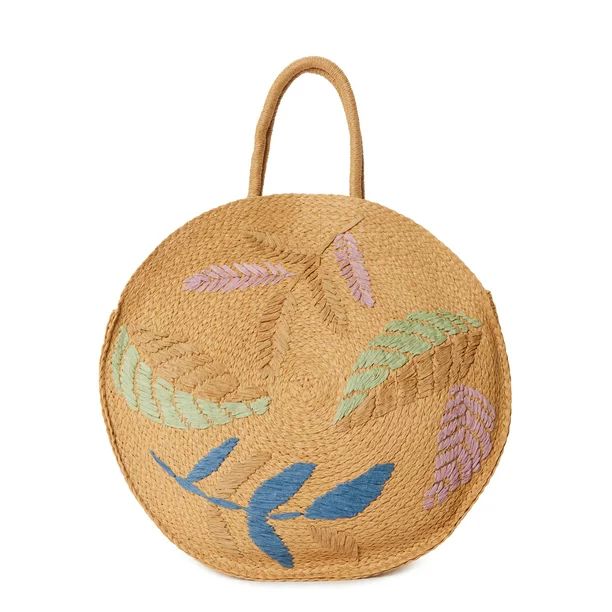 Time and Tru Women’s Circle Straw Tote Bag Multi Floral Embroidery - Walmart.com | Walmart (US)