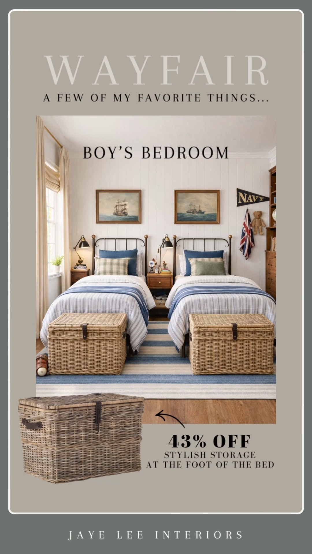 Boy’s Bedroom Design Ideas, All From Wayfair, and ALL ON SALE! 
Vintage, moody kids room, nautical bedroom, little boys bedroom, kids bedroom, bedroom storage ideas, toy storage, big boy room, twin bedroom, two twin beds, vintage style bedroom,”, bedroom furniture, nightstand, bedside lighting, bed throw pillows, kids bedding, #WAYFAIRSALE #jleeinteriors

#LTKSaleAlert #LTKKids #LTKHome