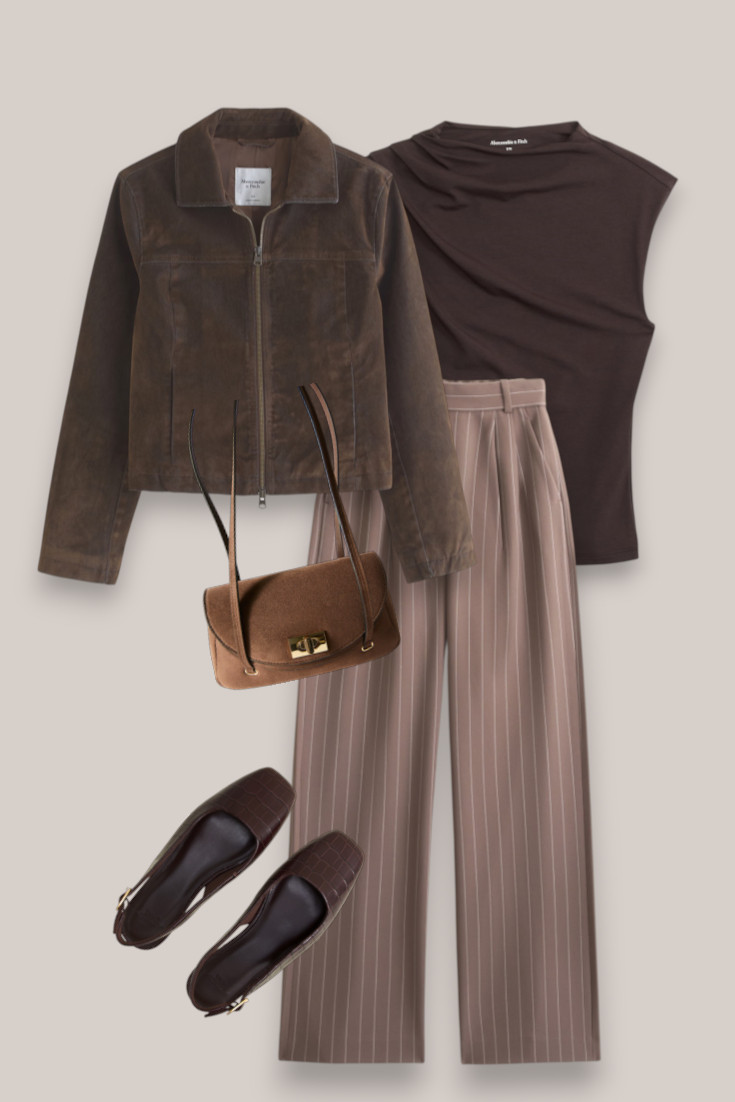 A polished casual outfit built around wide leg pinstripe trousers, a chocolate brown top and cropped brown jacket. Finished with flats and a structured bag for an easy smart-casual winter look. #widelegtrousers #winteroutfits #smartcasual #brownoutfit 

 #LTKautumn #LTKworkwear #LTKstyletip