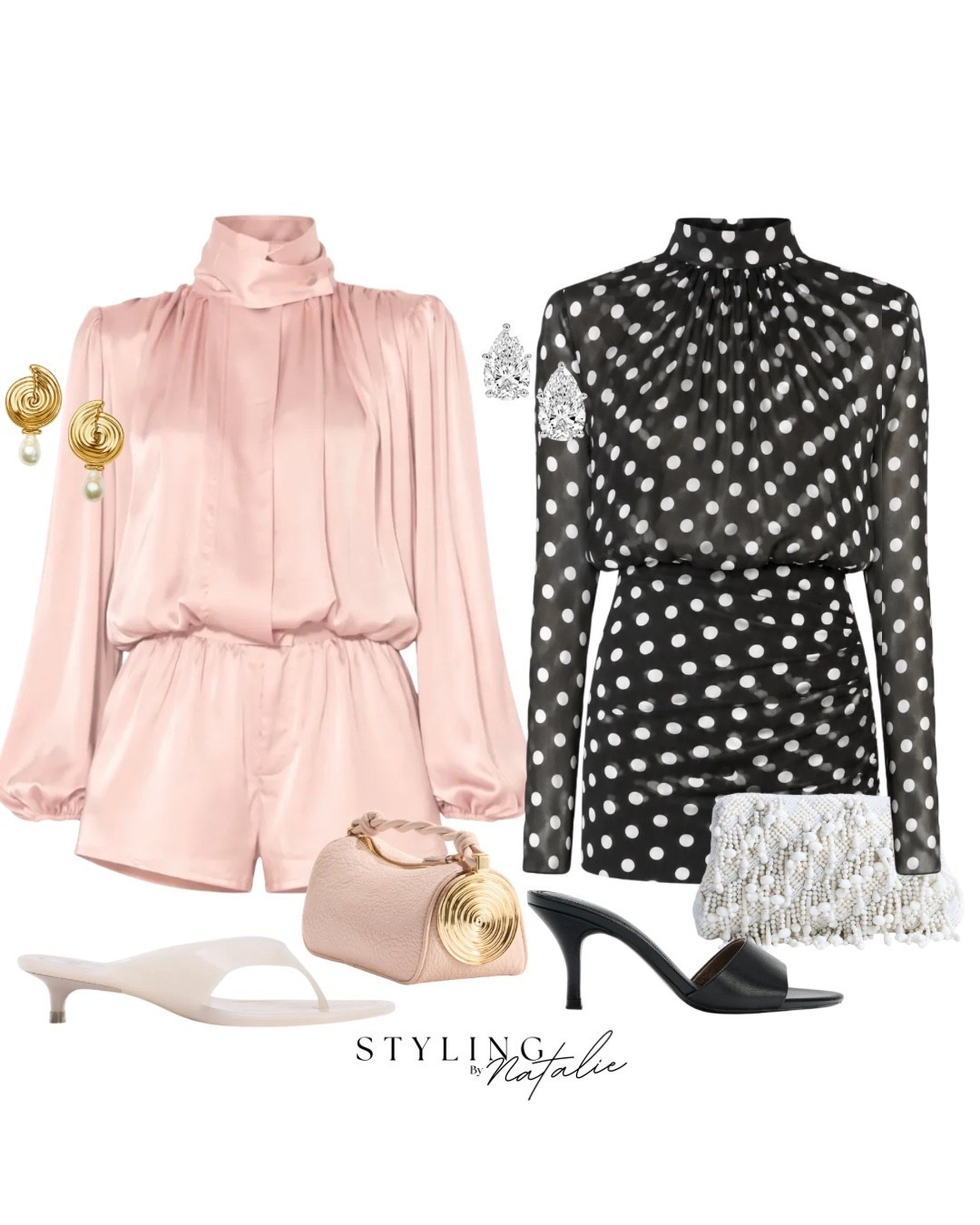 Summer evenings ✨
Pink satin funnel neck playsuit, pink jelly kitten heels, pink bag with gold spiral detail and spiral pearl earrings. 
Black polka dot mini dress with long sleeves, black heels and beaded clutch bag with pear shape sparkly  earrings.
Ibiza outfit, vacation, holiday evening, date night, party look.

#LTKsummer #LTKdatenight #LTKpartywear