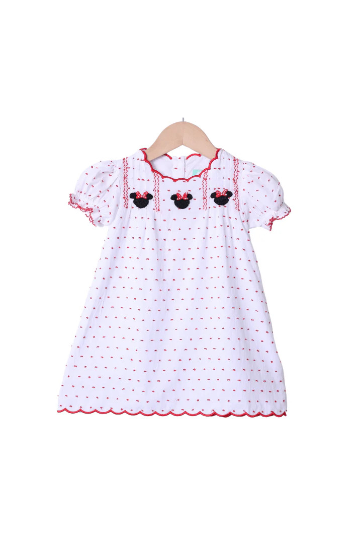 Smocked Mouse White and Red Swiss Dot Dress | The Smocked Flamingo