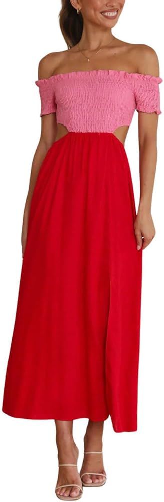 chouyatou Women's Off The Shoulder Smocked Dress Color Block Cut Out Waist High Slit Swing Long D... | Amazon (US)
