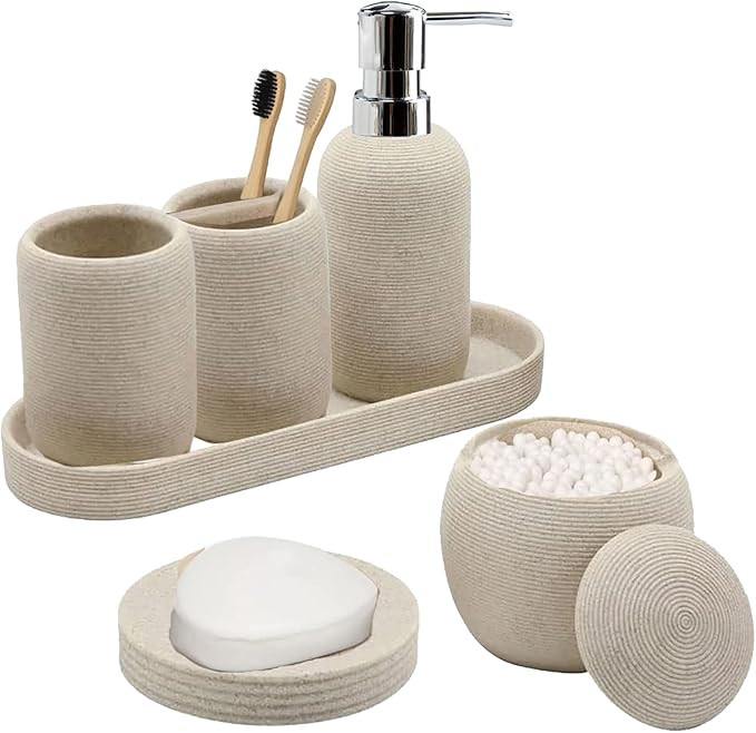 Bathroom Accessory Set, 6PCS Beige Bathroom Accessories - Soap Dish, Lotion Dispenser, Toothbrush... | Amazon (US)