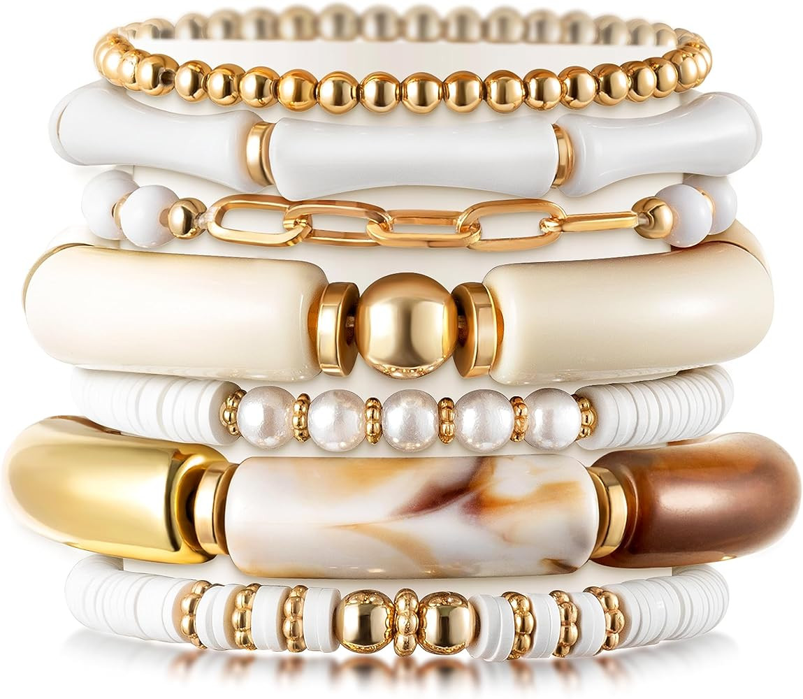 Y1tvei 7Pcs Heishi Surfer Bracelets Set Colorful Preppy Smile Evil Eye Beaded Stretch Clay Stacka... | Amazon (US)