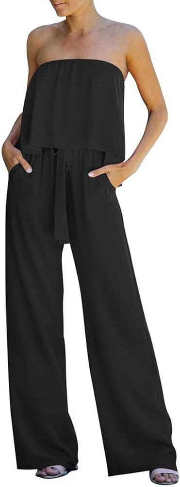 Meenew Women's Strapless Flowy Jumpsuit Tube Top Wide Leg Pants Romper with Belt | Amazon (US)