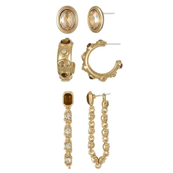 Time and Tru Goldtone Multi Earring Set with Stud, Hoop and Drop Earrings, Brown, 3 Pairs | Walmart (US)