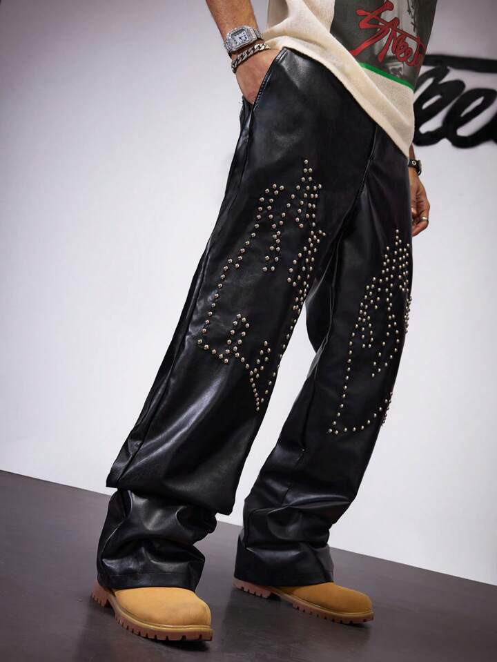 Manfinity StreetEZ Men's Casual Simple Pocket PU Leather Loose Straight Pants | SHEIN