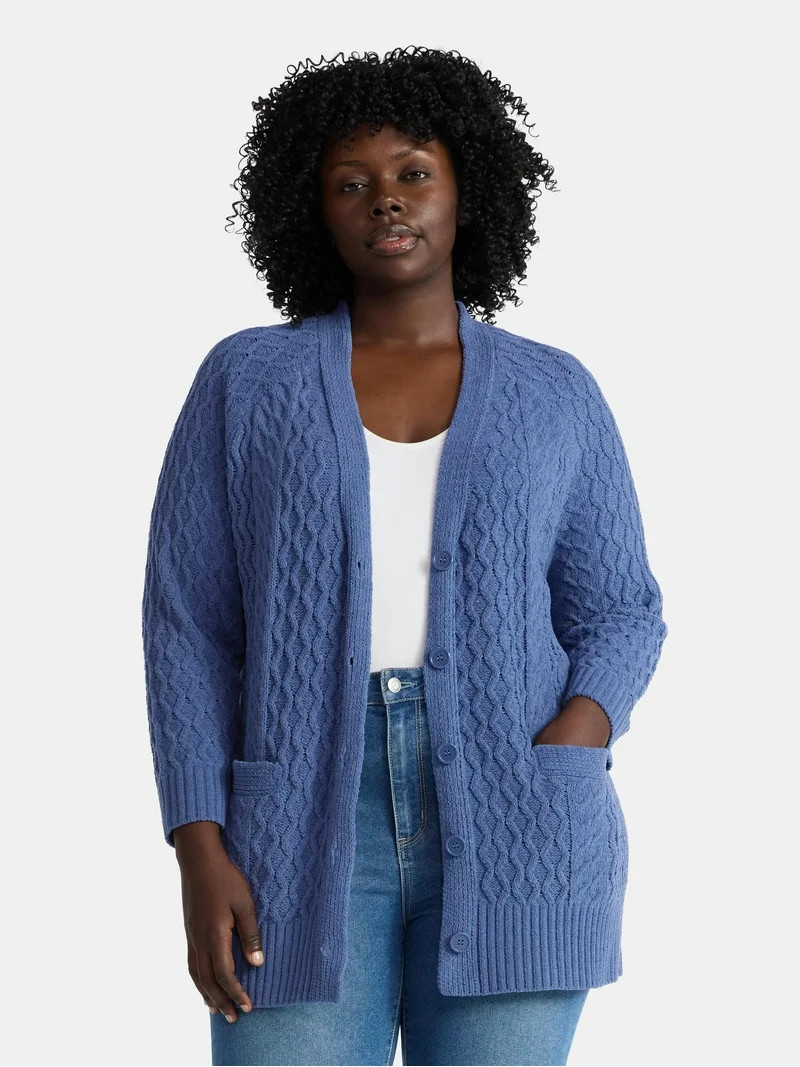 Terra & Sky Women’s Plus Chenille Boyfriend Cardigan Sweater, Midweight, Sizes 0X-4X | Walmart (US)