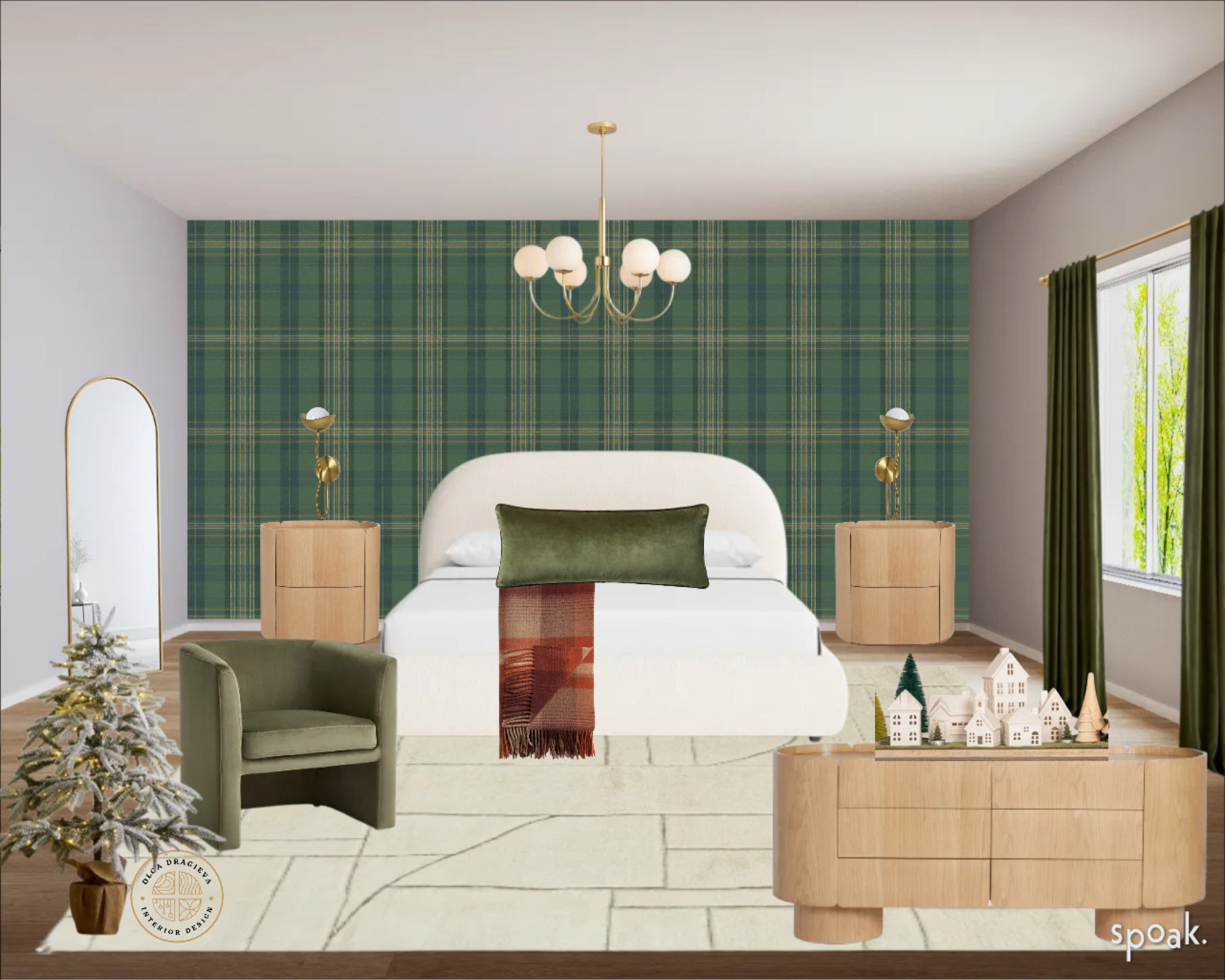 Another beautiful and festive bedroom design/mood board. I love the boucle curved bed, wool rug from Lulu & Georgia, gorgeous nightstands and dressers from Lulu & Georgia as well. Green velvet side chair, gold chandelier, plaid green wallpaper and velvet curtains. #bedroomdecor

#LTKHoliday #LTKHome #LTKSeasonal