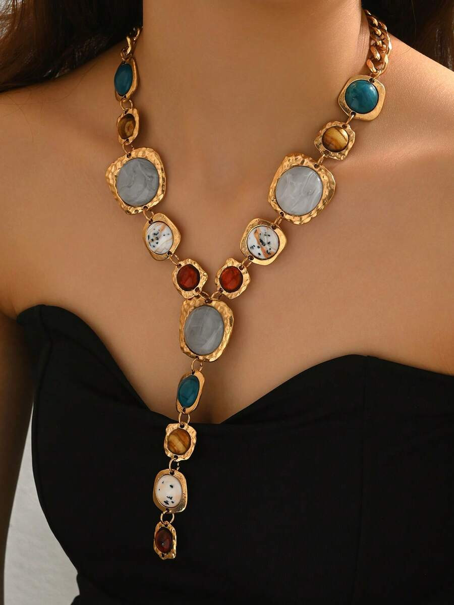 1pc Versatile Luxurious Vintage Gold Asymmetrical Y-Shaped Necklace, Exaggerated Glamorous Geomet... | SHEIN