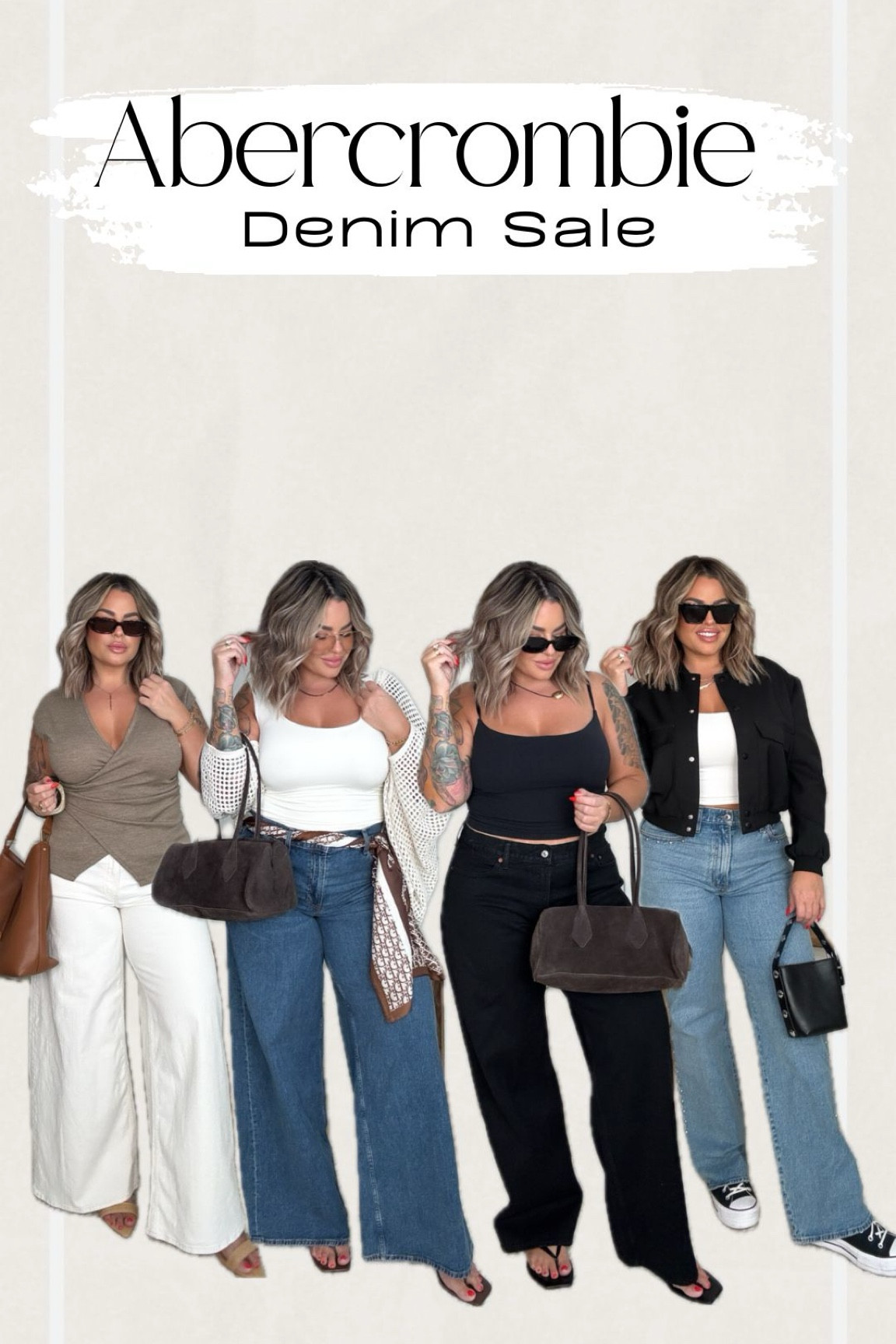 Abercrombie denim sale 
Use my stackable code DENIMAF to save extra 15% off

All jeans besides black size 31L 
Black jeans sized up to 32L for more baggy fit. 
Tan top L 
Cream tank L 
Knit cover up XL 
Black tank L 
Black bomber L - xl would be better 
White tank L 

#LTKMidsize #LTKSaleAlert #LTKFindsUnder50