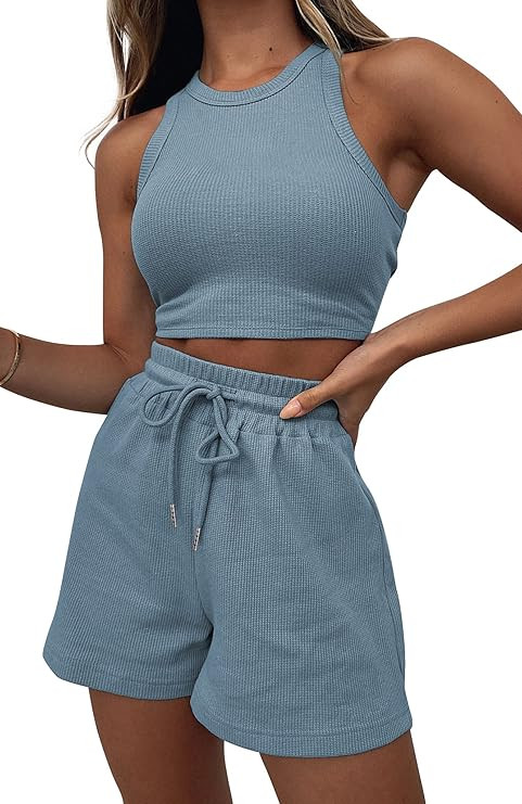 Lingswallow 2 Piece Women Lounge Sets - Sleeveless Crop Top and Shorts Waffle Lounge Set Tracksui... | Amazon (US)