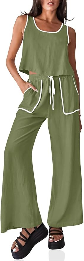 Fisoew Women's Summer 2 Piece Outfits Backless Crop Top Wide Leg Pants Beach Travel Vacation Outf... | Amazon (US)