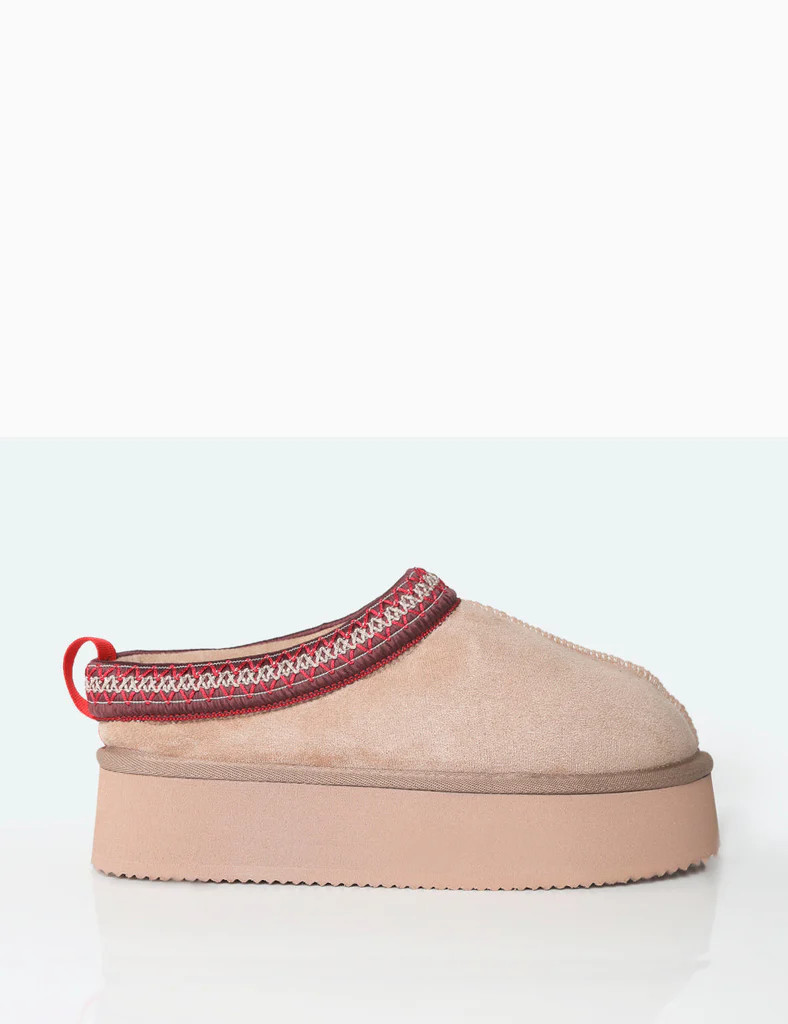 Vixon Beige Faux Suede Embroidered Slipper Platform Boots | Public Desire (US & CA)