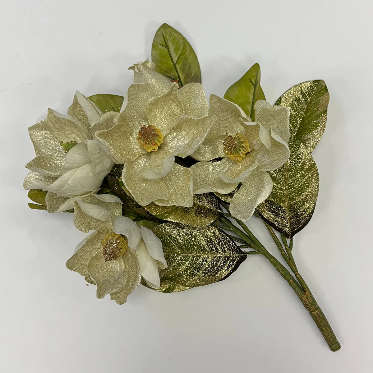 Gold Metallic Large Magnolia Bloom & Green Leaf Foliage Christmas Bush- 17" | Darby Creek Trading