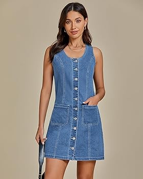 luvamia Denim Dresses for Women Sleeveless Stretchy Jean Summer Casual Western Short Button Down ... | Amazon (US)