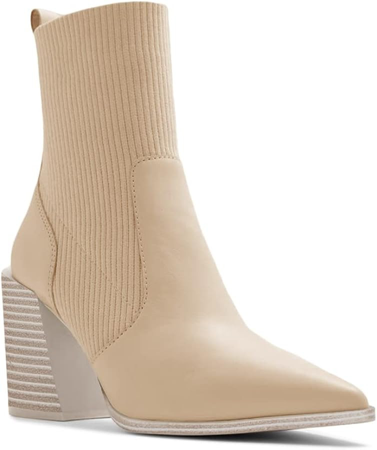Lvemas Womens Booties Chunky Stacked Heel Ankle Boots Pointed Toe Slip-On Ribbed Sock Boot | Amazon (US)
