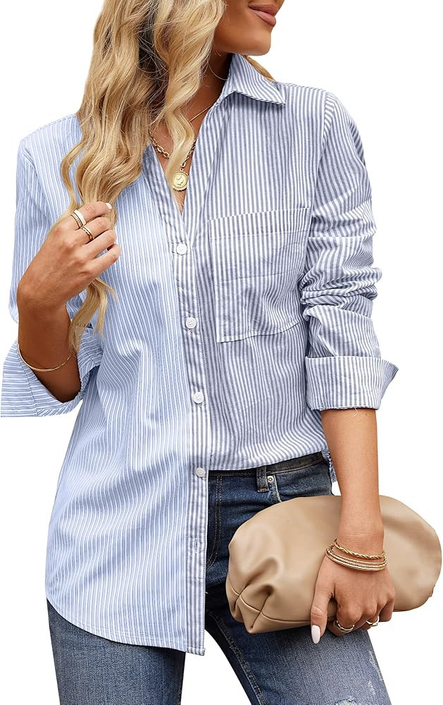 GRAPENT Women's Casual Button Down Shirt Striped Blouse Colorblock Long Sleeve Top | Amazon (US)