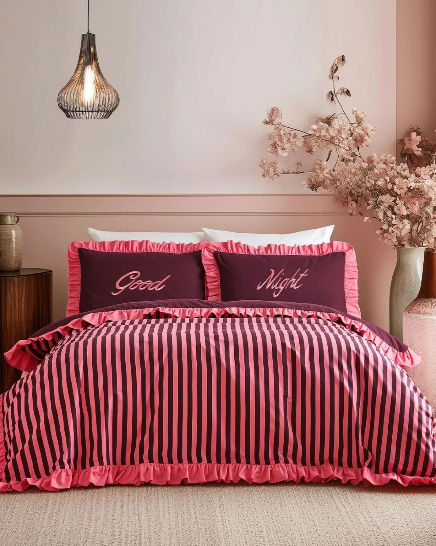 Cotton Good Night Stripe Print Reversible Frill Bedding Set | Chelsea Peers NYC