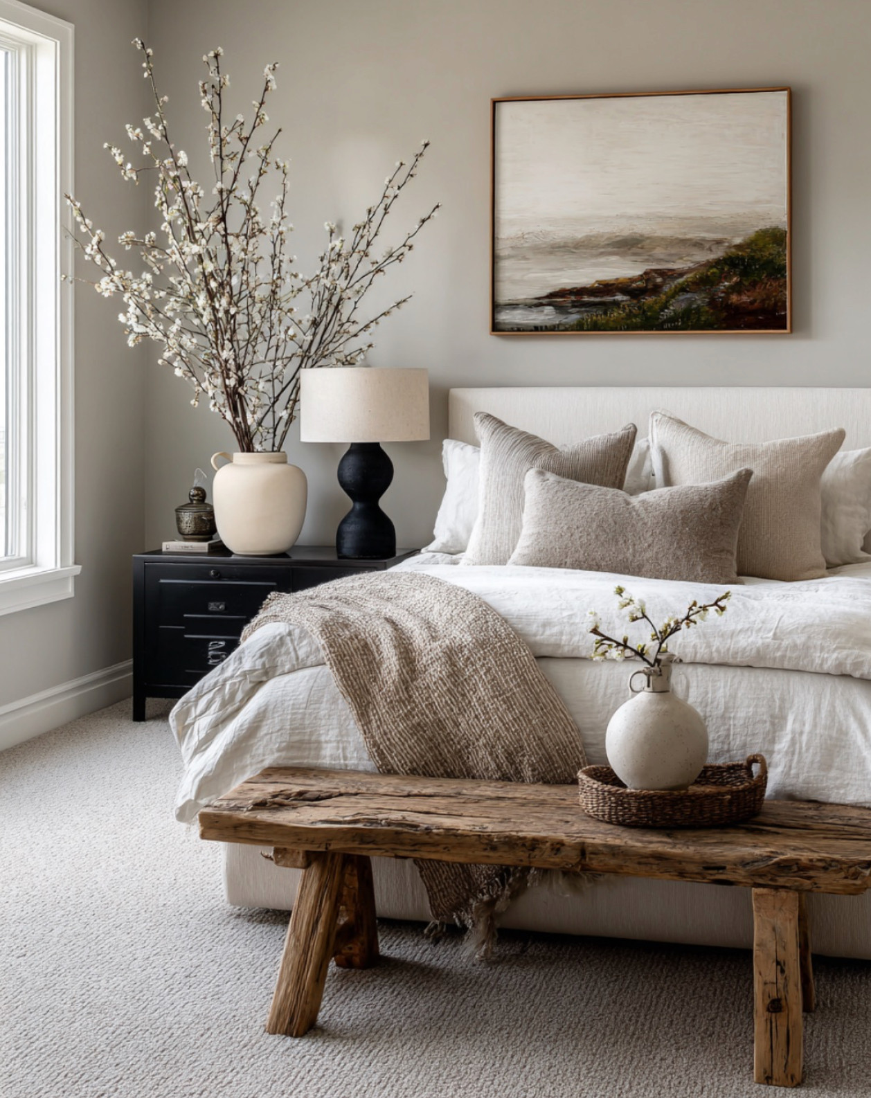 Bring on the calming neutrals and natural textures 🌿 This cozy bedroom mixes soft linens, rustic wood, and earthy tones for the perfect serene escape. Love how the oversized vase and branches add height and drama—definitely a styling trick I’m stealing!

#NeutralBedroom #CozyBedroomVibes #RusticModern #BedroomDecor #EarthToneDecor #WoodBenchStyle #LayeredBedding #HomeInspo #InteriorStyling #NaturalTextures #ModernFarmhouseDecor #LTKHome #LTKBedroom #LTKStyle 

 #LTKHome #LTKFindsUnder100