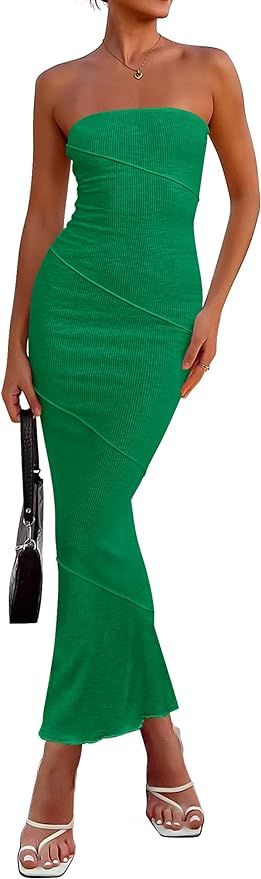 PRETTYGARDEN Women's Ribbed Maxi Bodycon Dress Summer Strapless Tube Y2K Party Club Long Dresses | Amazon (US)