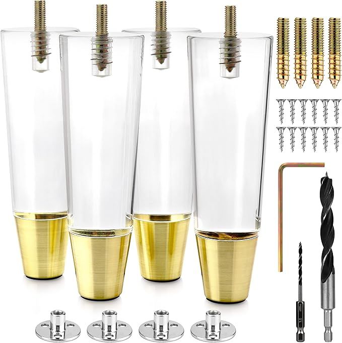 Acrylic Furniture Legs With Gold Caps - Mid Century Legs For Couch, Sofa, Chair, Table, Dresser, ... | Amazon (US)