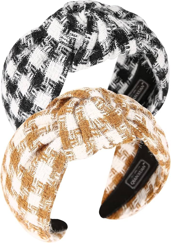 QIANXUAN Black Fabric Headbands For Women Top Knotted Headbands For Women Top Knot Headband Plaid... | Amazon (US)