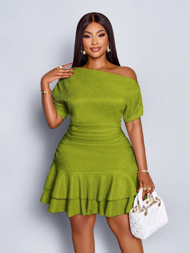 SOLERSUN Women's Elegant Party Daytime Apricot Knitted Asymmetrical Neck Neck Long Sleeves Gathered Double Ruffle Mini Dress | SHEIN