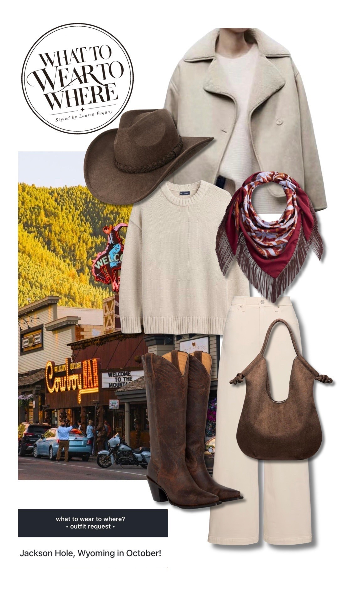 Wyoming fall outfit perfection 🤎 I built this look around rich western-inspired neutrals that feel elevated without looking costume-y — a cozy knit, tailored trousers, tall brown boots, suede bag, felt hat + a silk scarf for that little extra something.

Wyoming outfit ideas, Jackson Hole outfit, Wyoming fall fashion, western chic outfit, elevated western style, cowboy boots outfit, brown fall outfit, fall travel outfit, mountain town style, neutral fall outfit, women’s travel outfit, what to wear in Wyoming, Jackson Hole fall outfit

#LTKootd #LTKSeasonal #LTKTravel