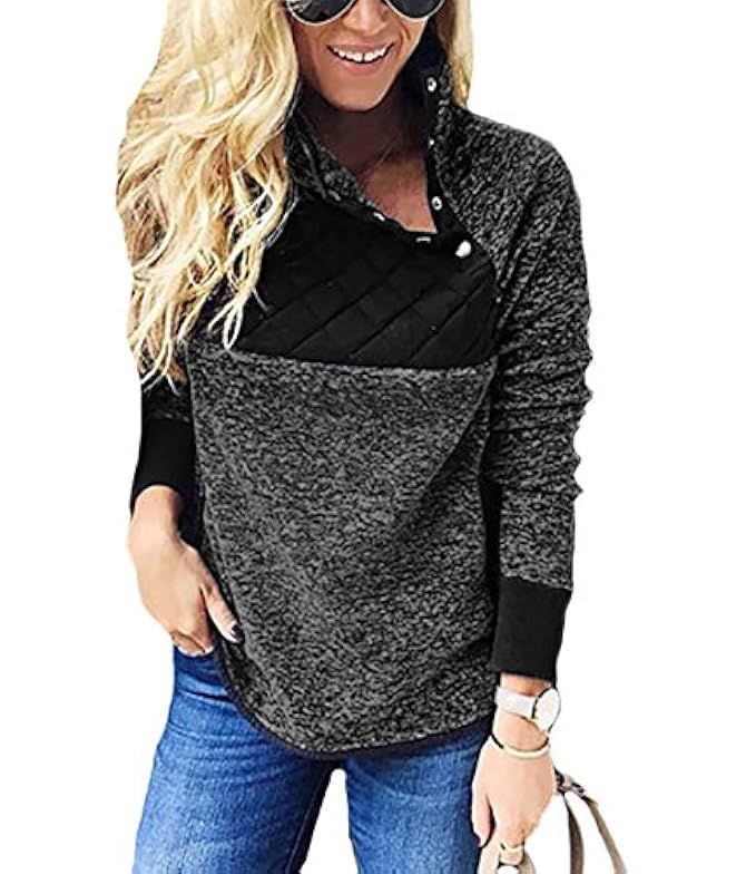 PRETTYGARDEN Women's Warm Long Sleeves Oblique Button Neck Splice Geometric Pattern Fleece Pullover  | Amazon (US)