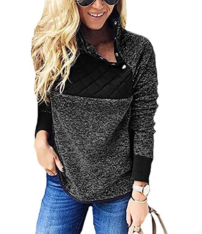 PRETTYGARDEN Women's Warm Long Sleeves Oblique Button Neck Splice Geometric Pattern Fleece Pullover  | Amazon (US)