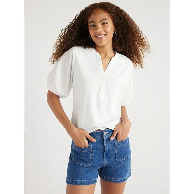 Free Assembly Women’s Henley Tee with Short Puff Sleeves, Sizes XS-XXL - Walmart.com | Walmart (US)